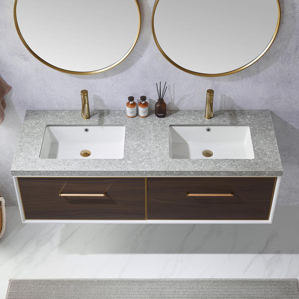 Double Sink Bath Vanity in Dark Walnut with Grey Sintered Stone Top and Mirror. Picture 7