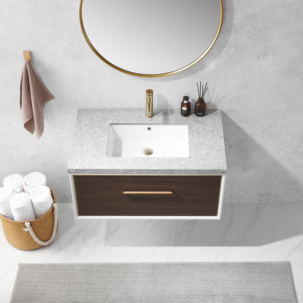Single Sink Bath Vanity in Dark Walnut with Grey Sintered Stone Top and Mirror. Picture 6
