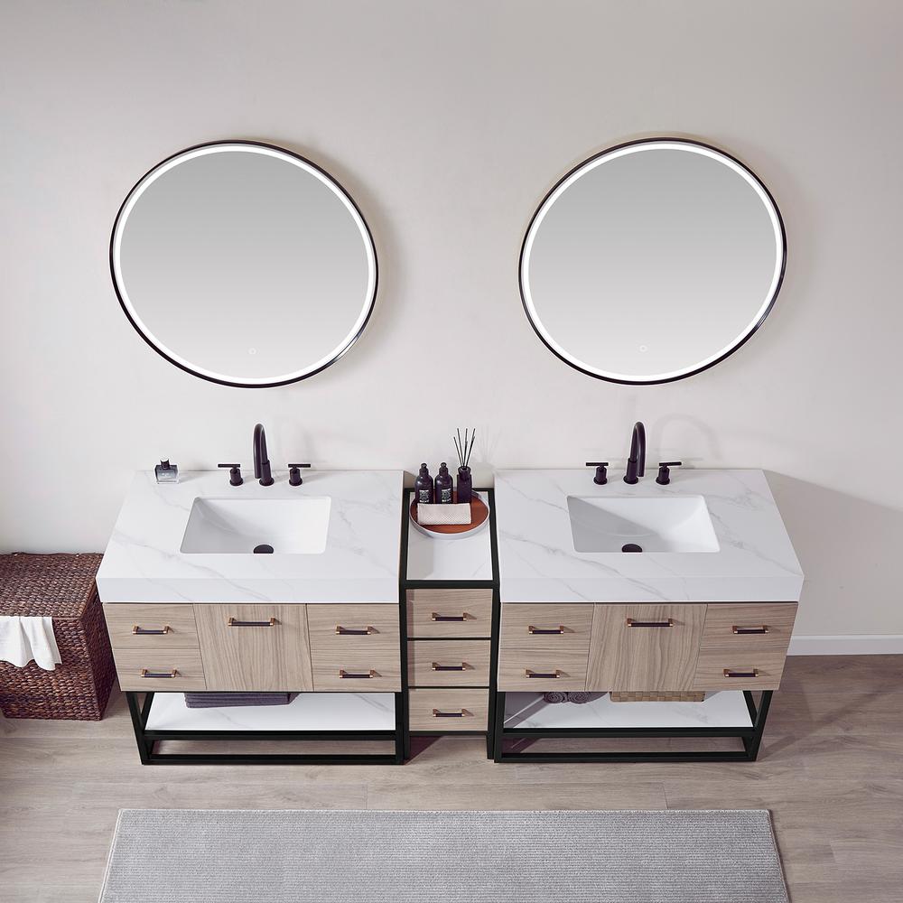 Double Sink Bath Vanity with White Sintered Stone Top and Mirror. Picture 6