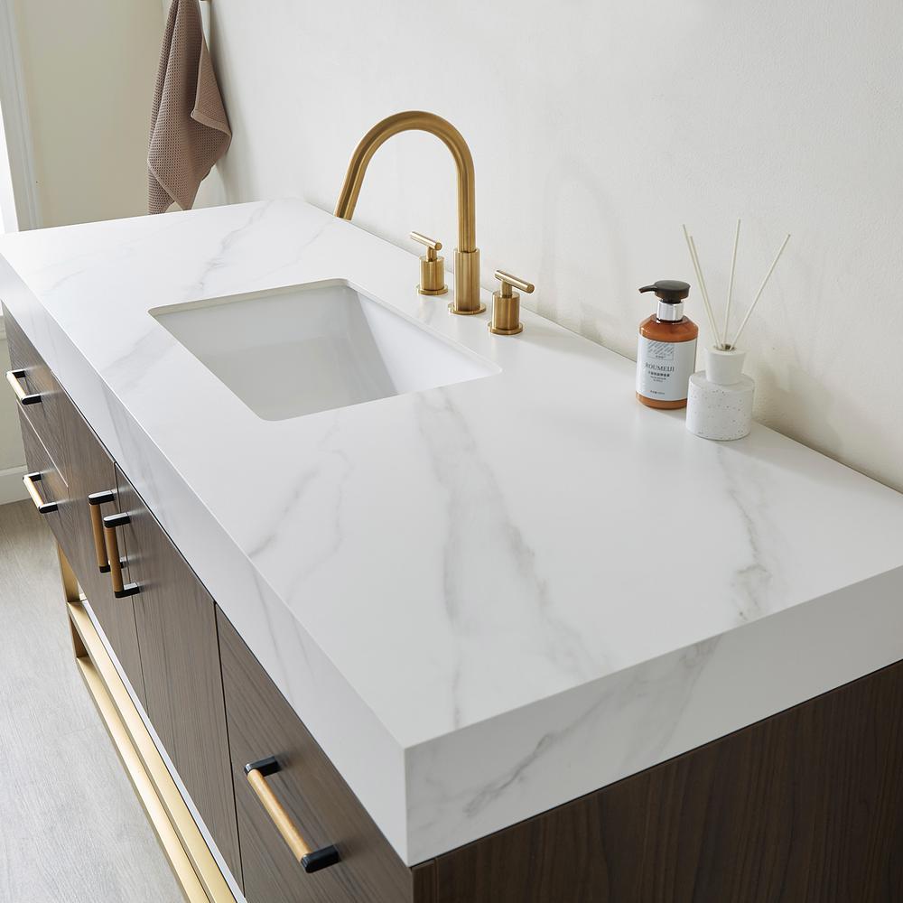Toledo 60"Single Sink Bath Vanity in Dark Walnut with White Sintered Stone Top. Picture 6