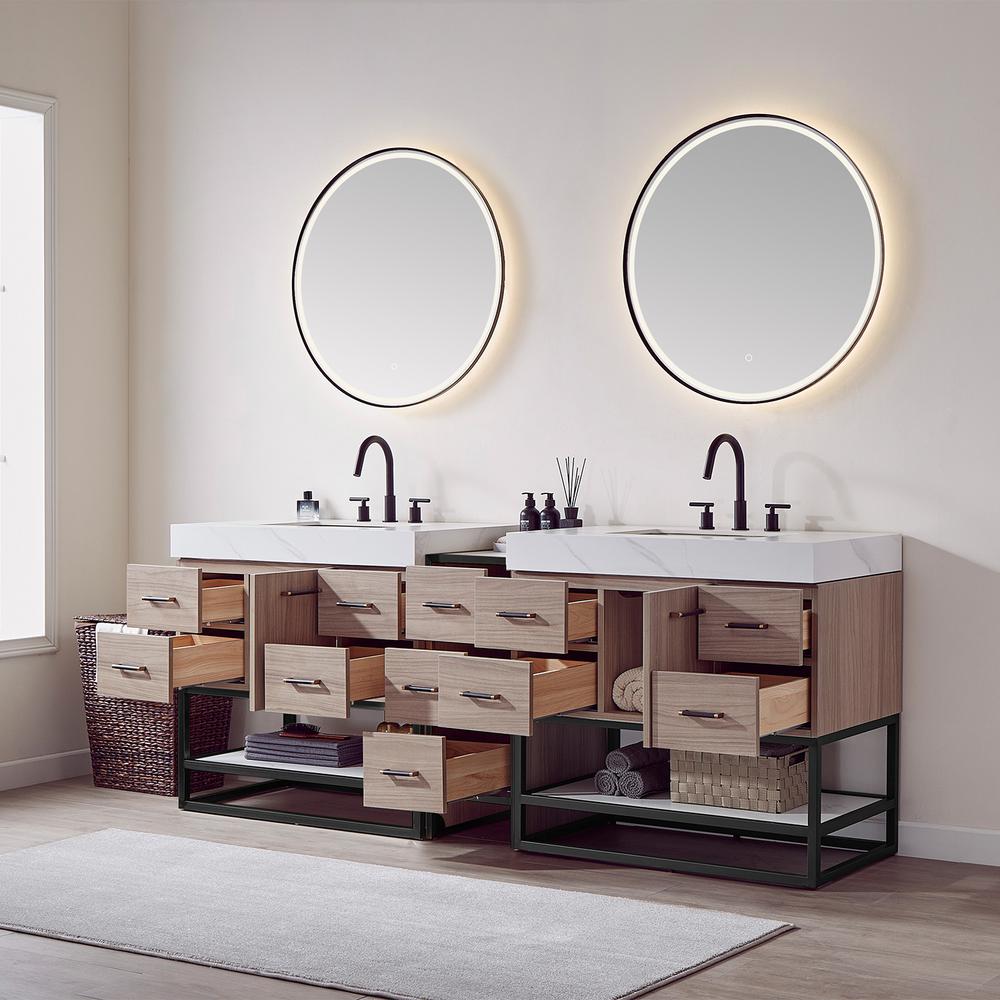 Double Sink Bath Vanity with White Sintered Stone Top and Mirror. Picture 7