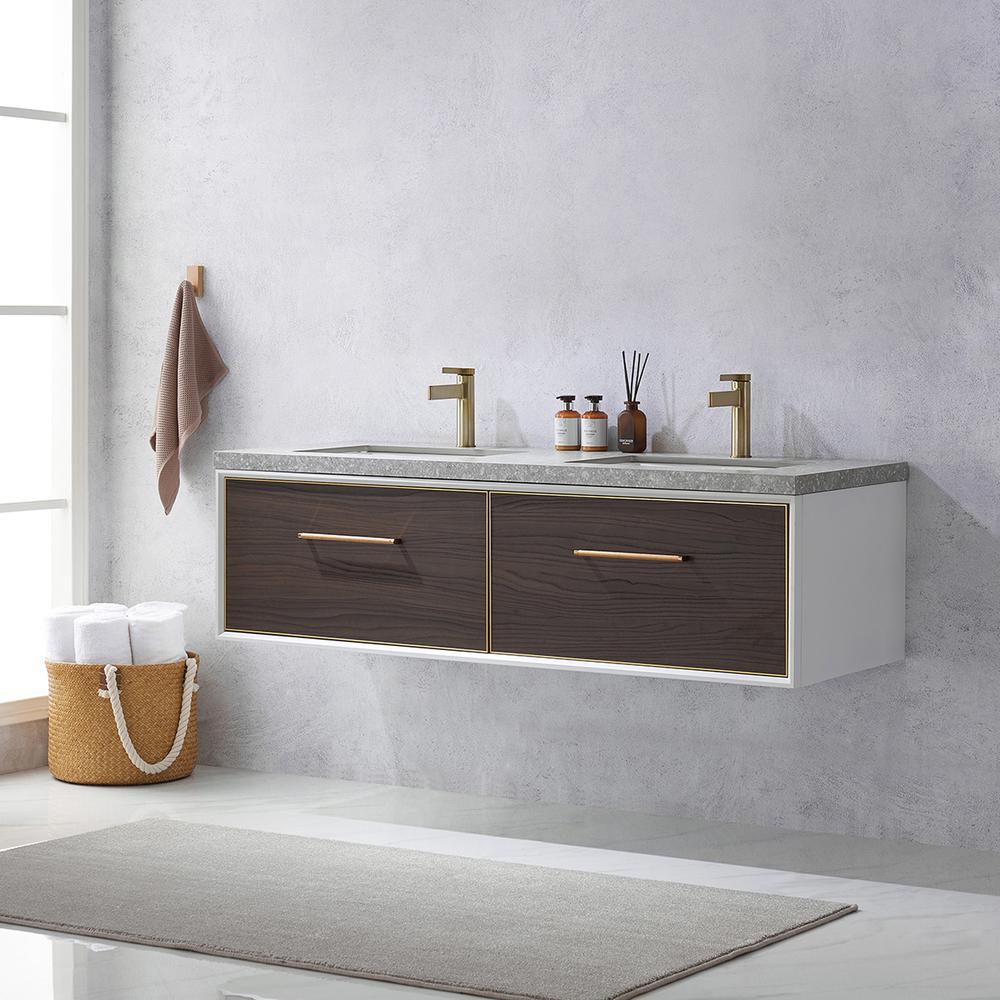 Double Sink Bath Vanity in Dark Walnut  with Grey Sintered Stone Top. Picture 5