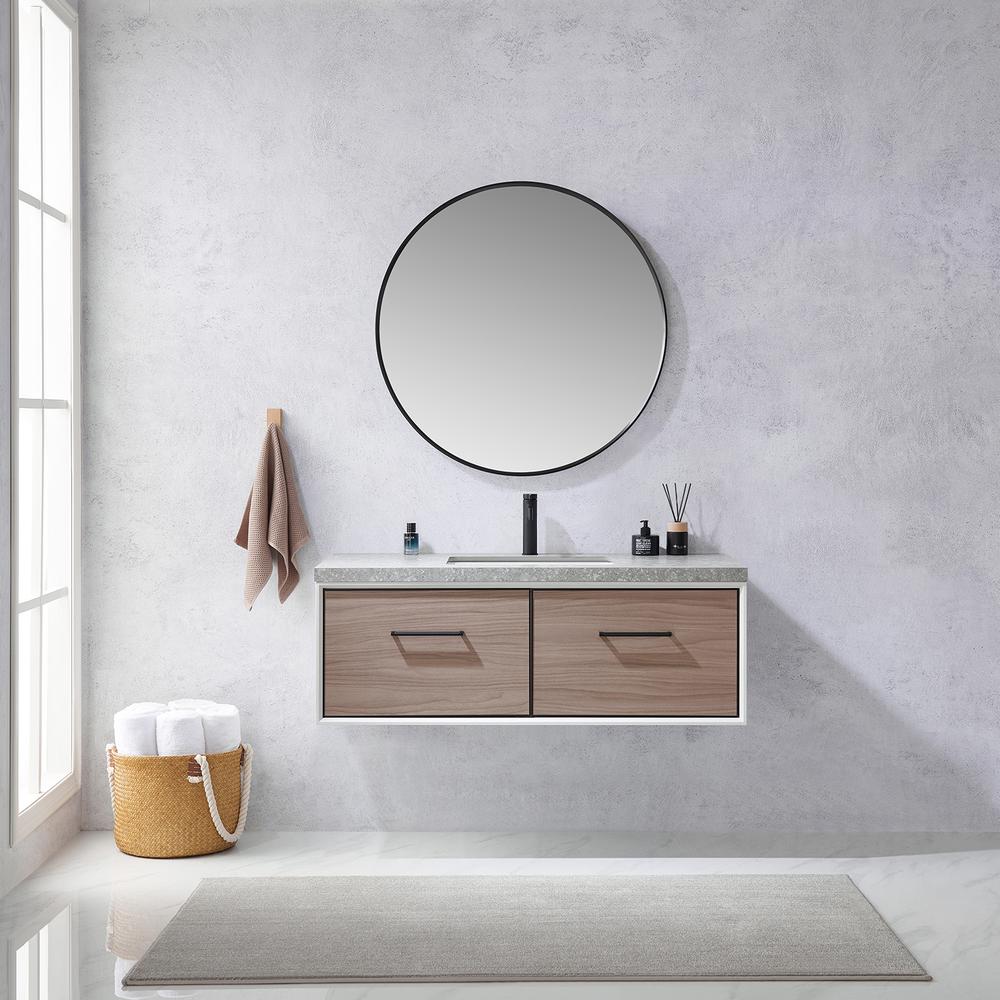 Single Sink Bath Vanity in Light Walnut with Grey Sintered Stone Top and Mirror. Picture 4