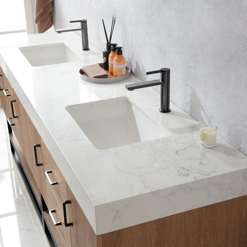 84B" Double Sink Bath Vanity with White Grain Stone Countertop. Picture 7