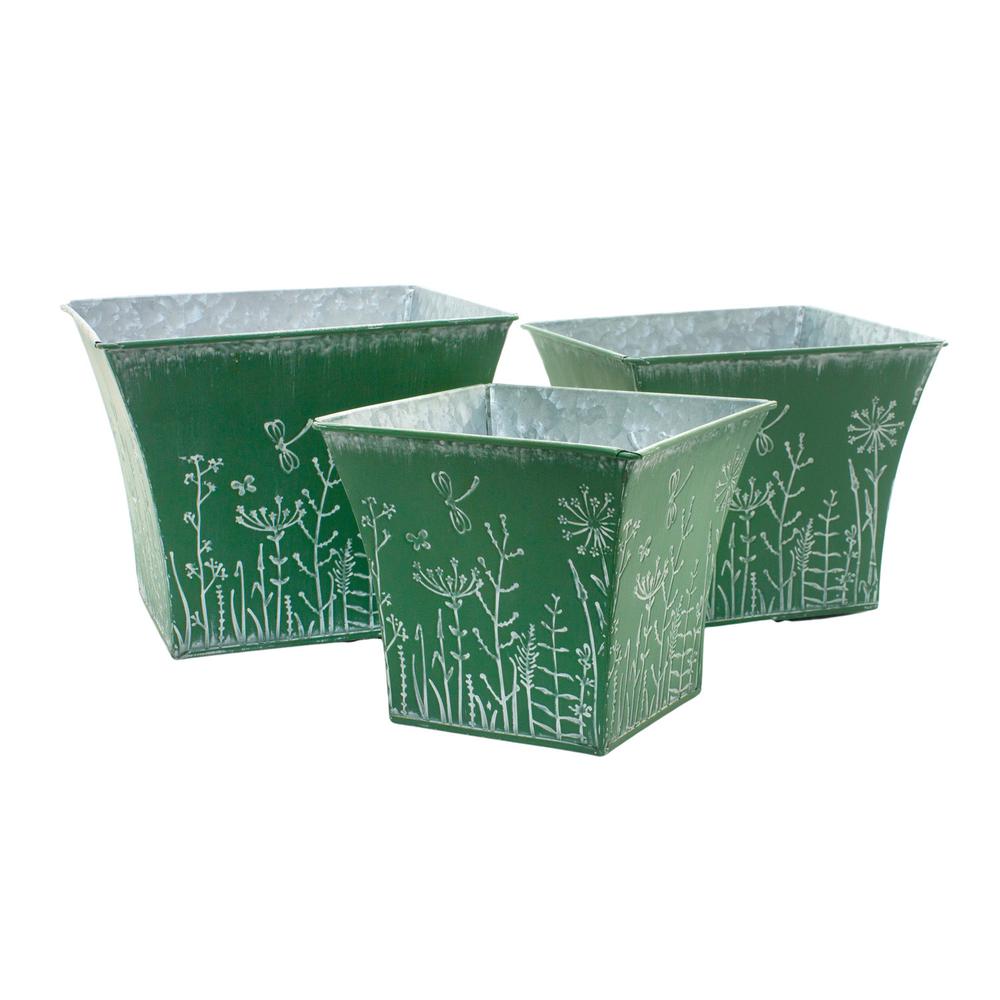 Set of 3 Picket Fence Embossed Square Metal Planters. Picture 1