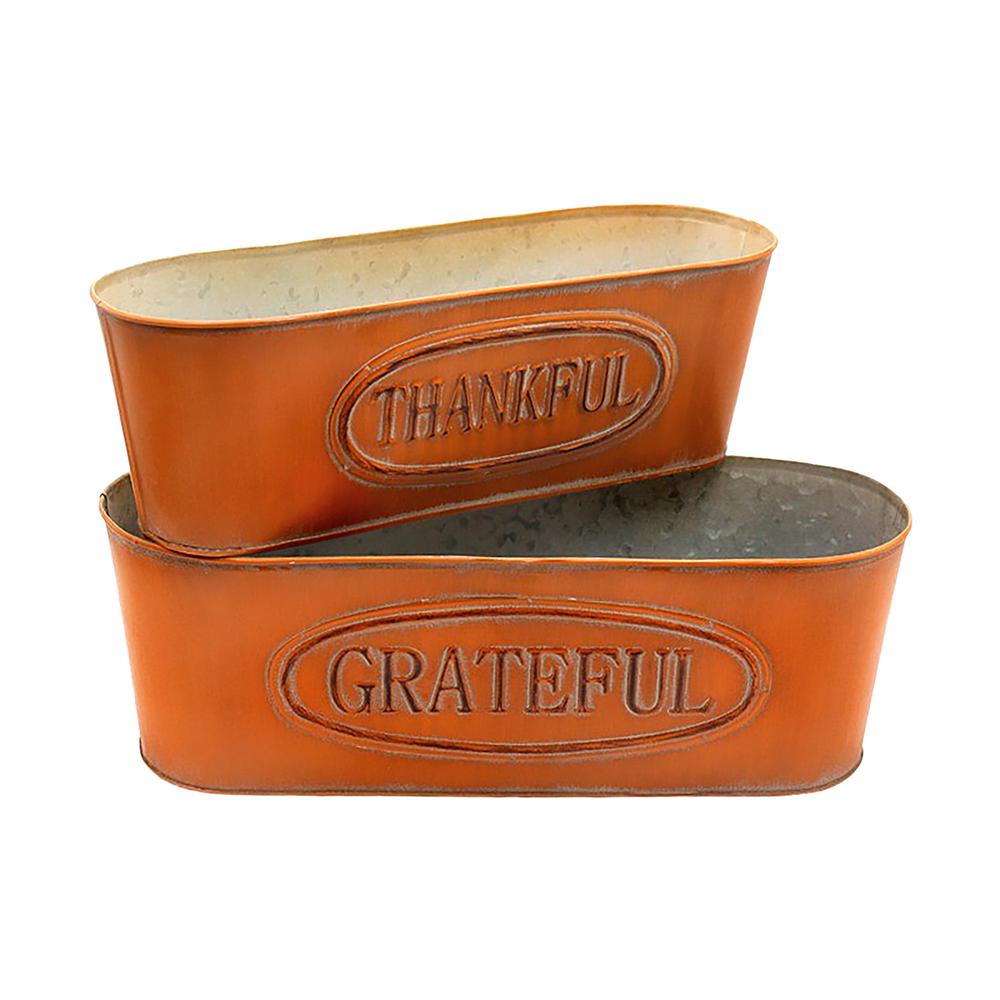 Set of 2 Orange Thankful & Grateful Long Oval Buckets. Picture 1