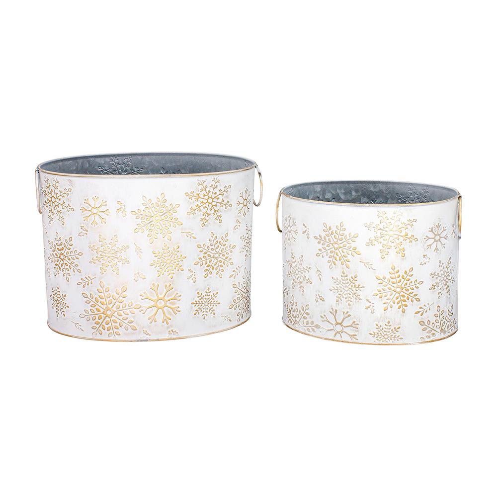 Set of 2 White & Gold Snowflake Oval Buckets. Picture 1