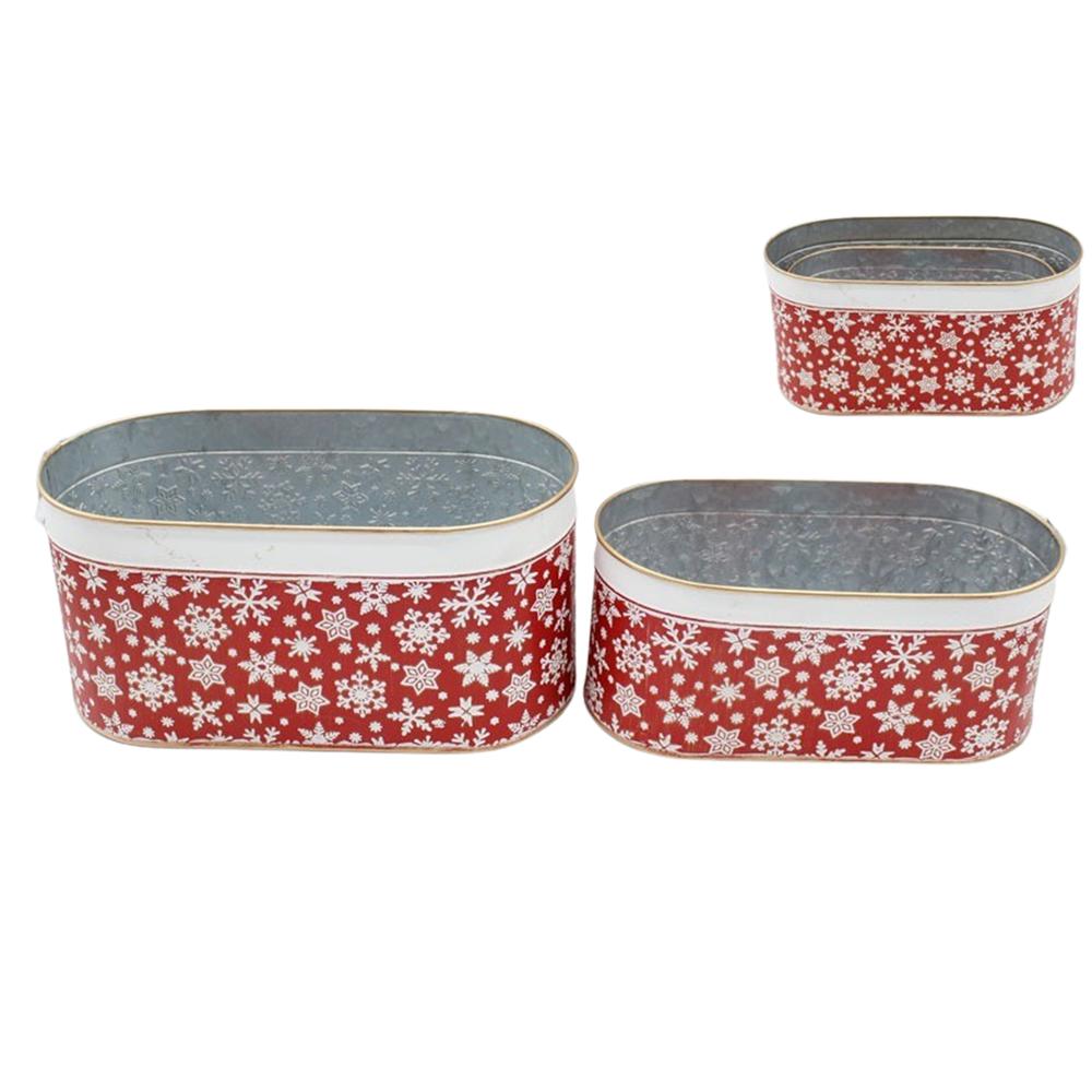 Set of 2 Long Oval Red Buckets with Snowflakes. Picture 1