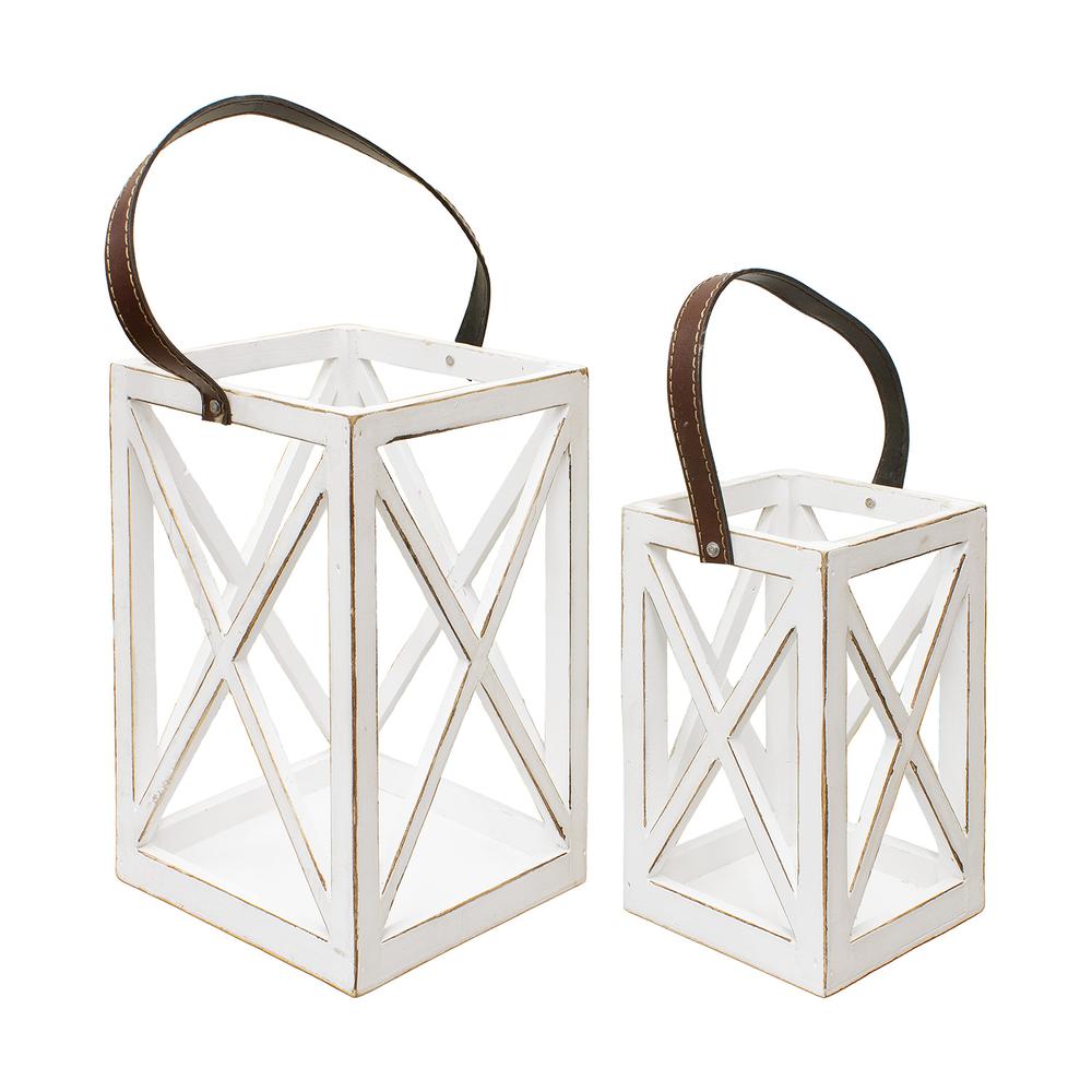 Set of 2 Square White Wood Cross Hatch Lanterns. Picture 1