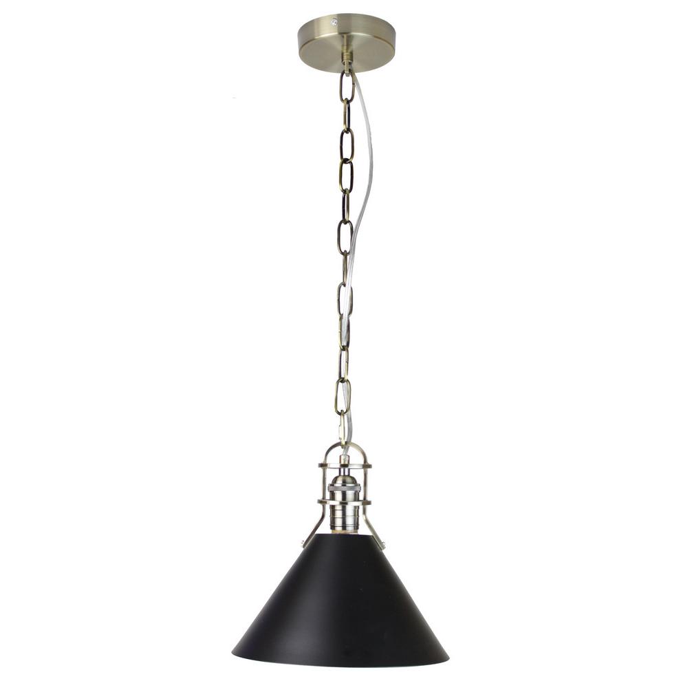 Zulia 1-Light Metal Cone Pendant, Black and Brass. Picture 1