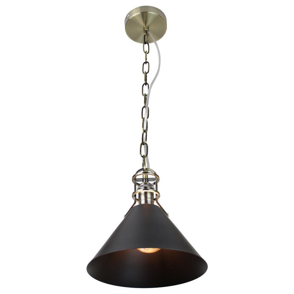 Zulia 1-Light Metal Cone Pendant, Black and Brass. Picture 2