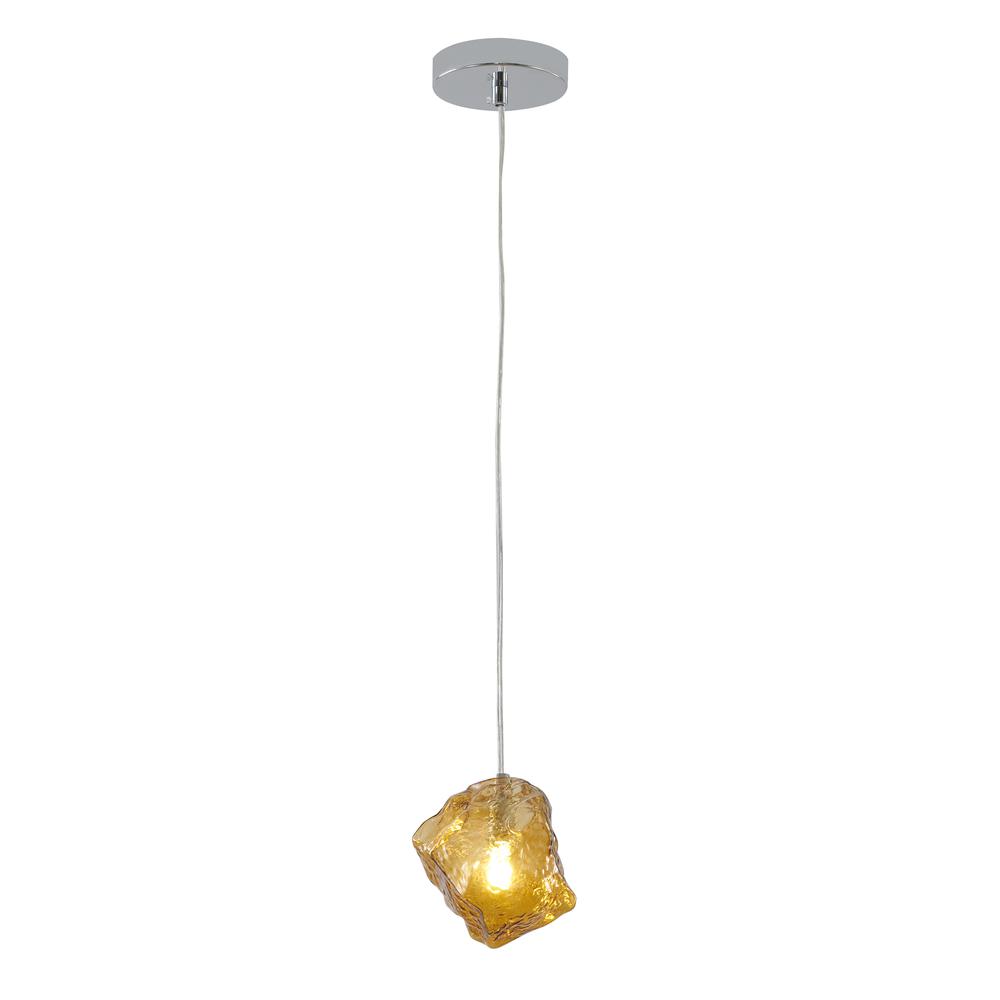 Single Pendant Lighting Amber Distorted Glass & Metal. Picture 1