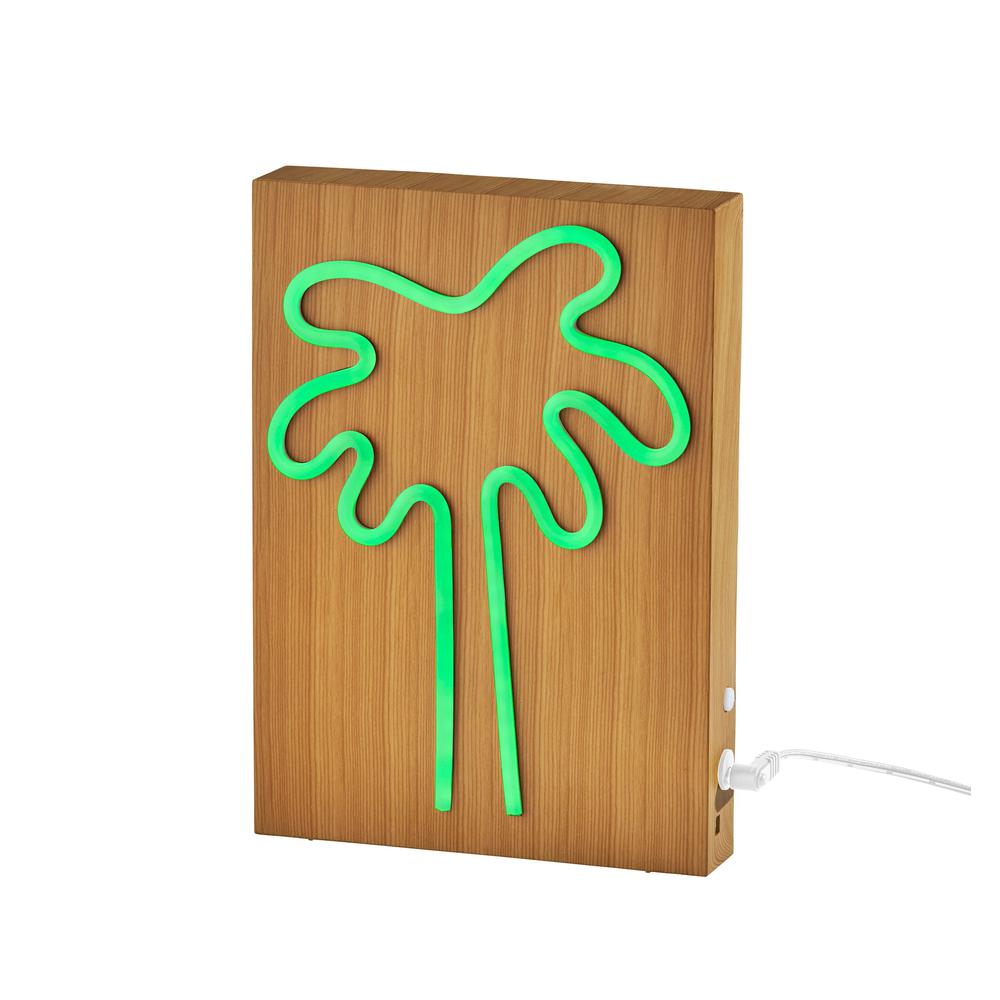 Wood Framed Neon Palm Tree Table/Wall Lamp. Picture 1