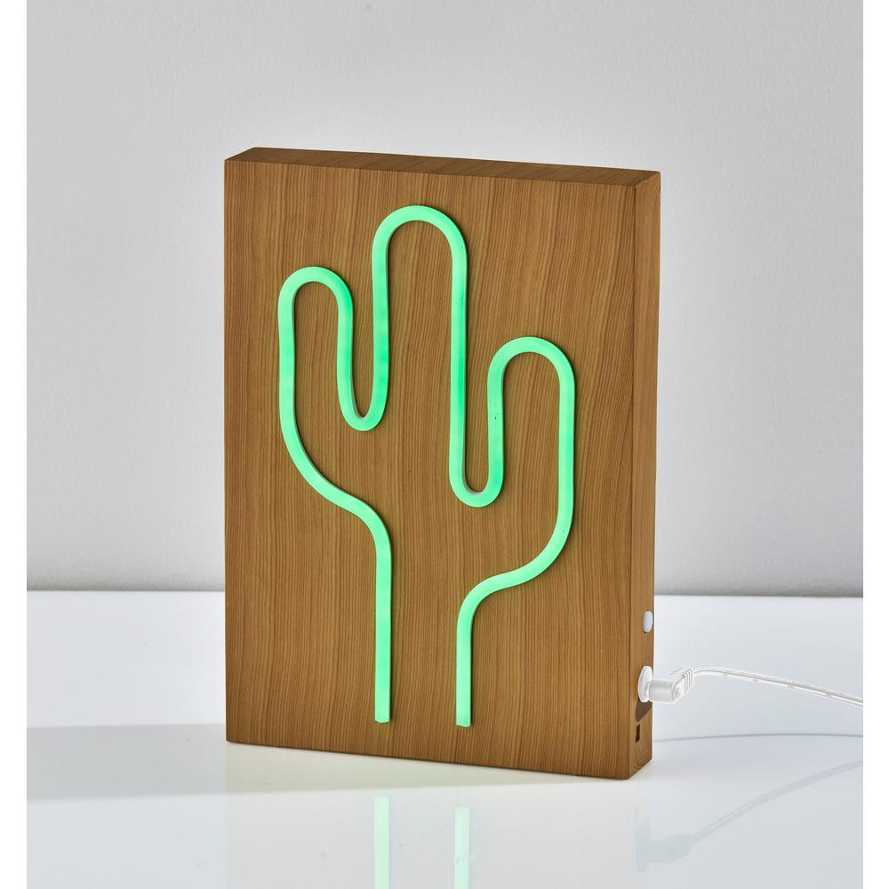 Wood Framed Neon Cactus Table/Wall Lamp. Picture 3