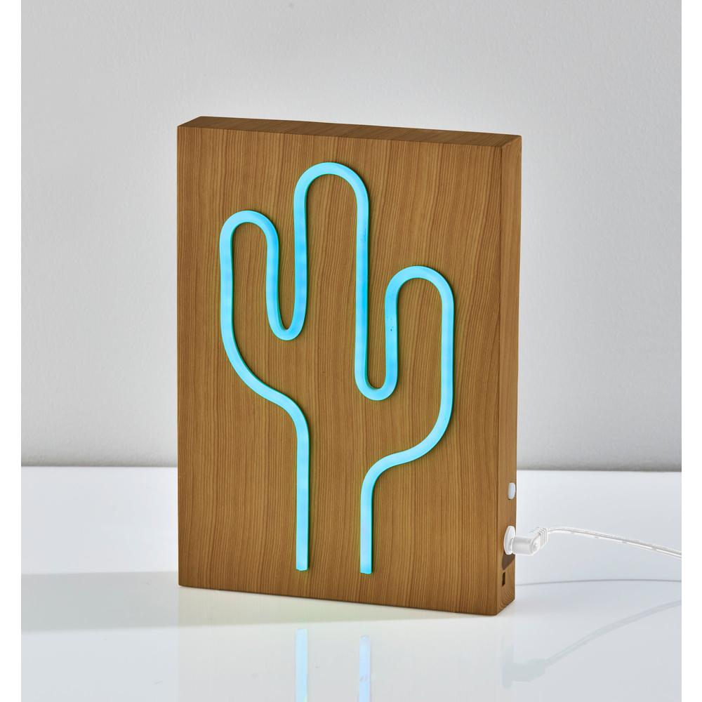 Wood Framed Neon Cactus Table/Wall Lamp. Picture 7