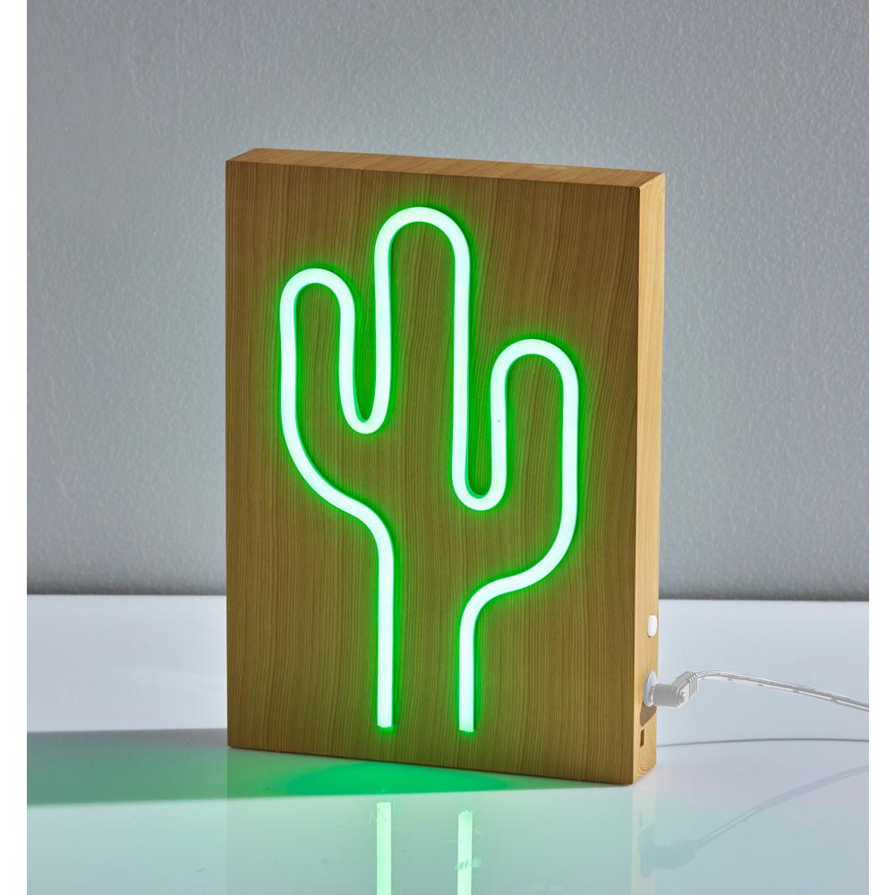 Wood Framed Neon Cactus Table/Wall Lamp. Picture 8
