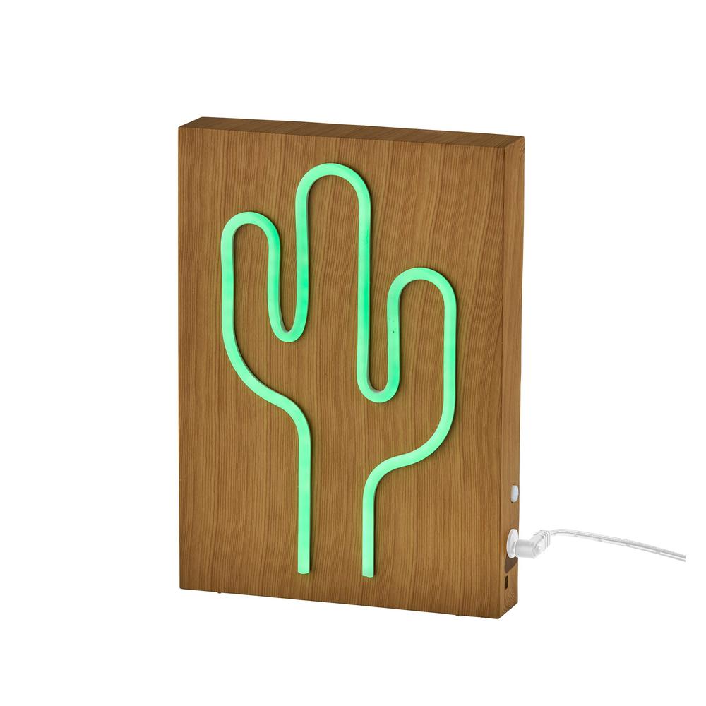 Wood Framed Neon Cactus Table/Wall Lamp. Picture 1