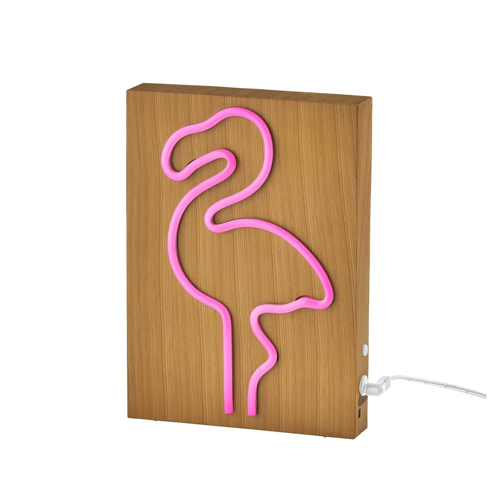 Wood Framed Neon Flamingo Table/Wall Lamp. Picture 1