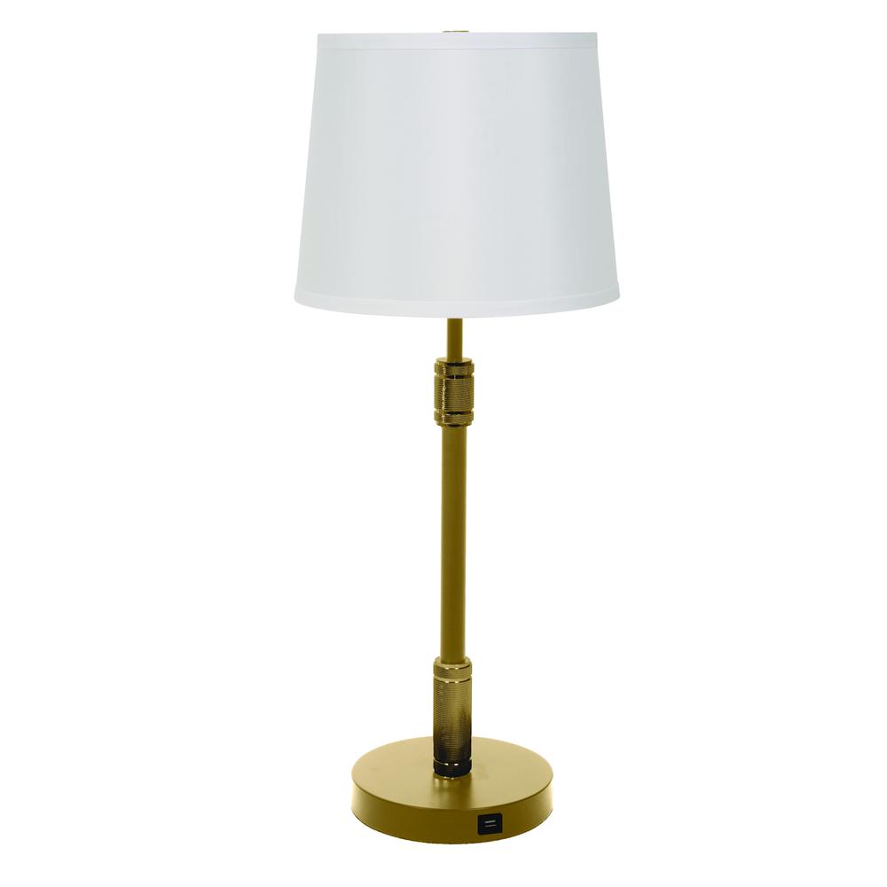 Killington Brushed Brass table lamp with USB port and hardback shade. Picture 1