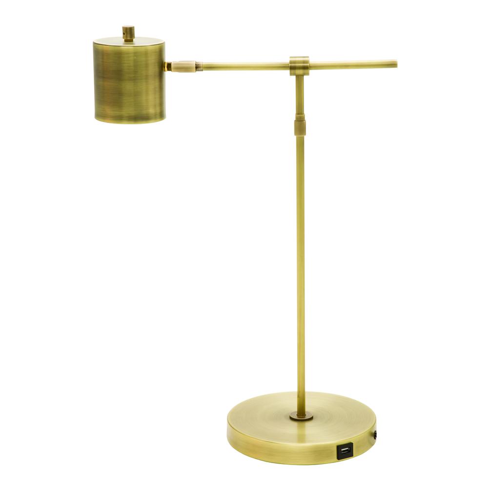 Morris Adjustable LED Table Lamp with USB port in Antique Brass. Picture 1