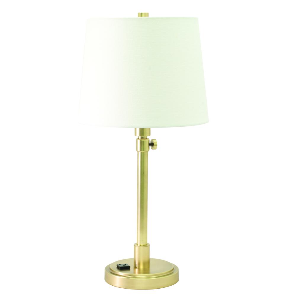 Townhouse Adjustable Table Lamp in Raw Brass with Convenience Outlet. Picture 1
