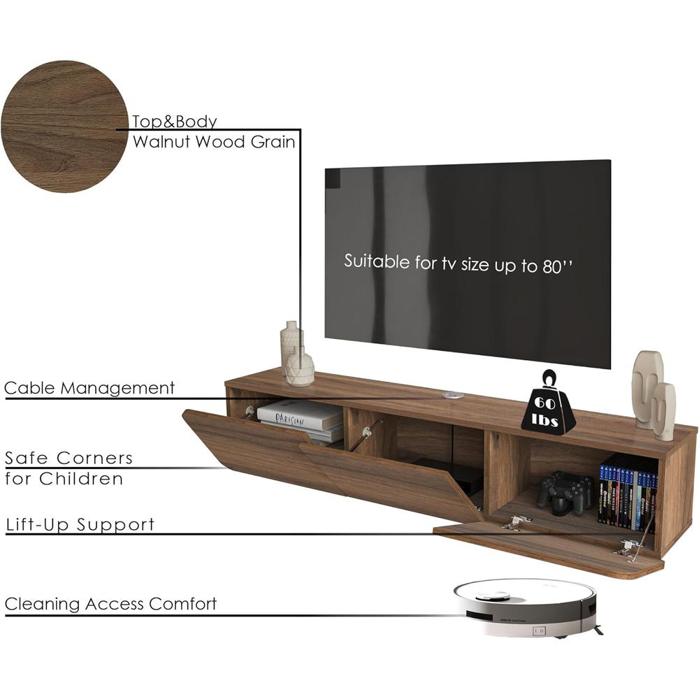 Floating TV Console for up to 80 inch TV and Under TV Cabinet (Walnut). Picture 3
