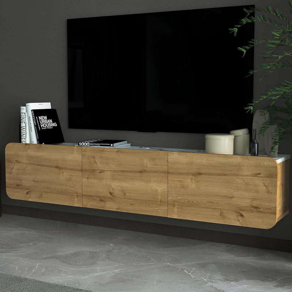 Oval Floating TV Stand Wall Mounted, Walnut. Picture 3