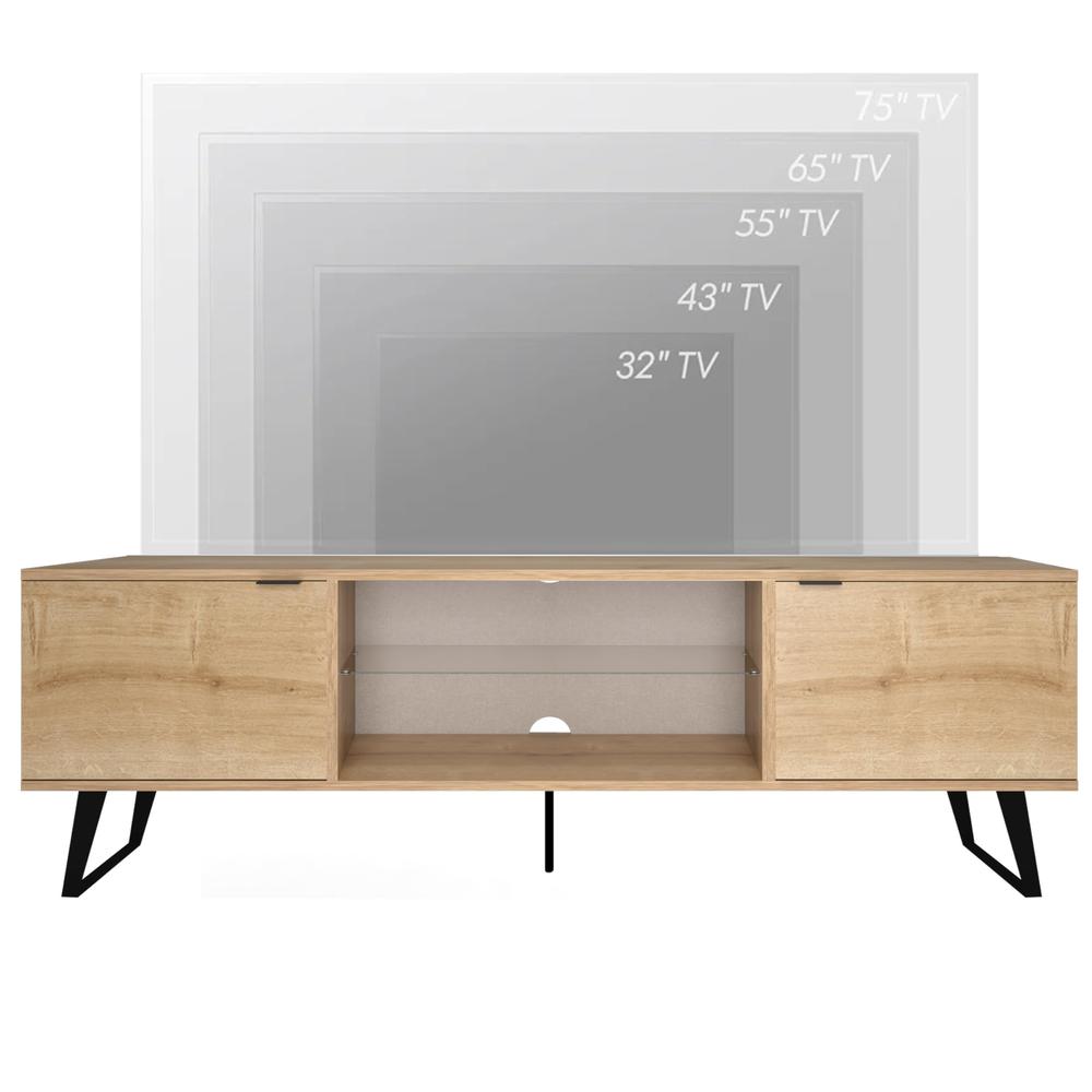 Mid Century Modern Door Glass Shelf TV Stand (Oak). Picture 3