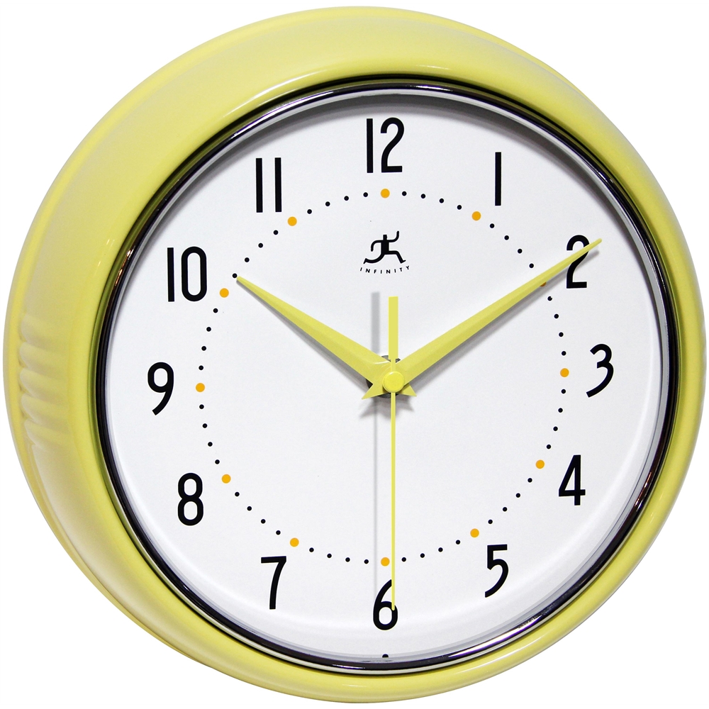 9.5 in Round Wall Clock, Yellow Finish Case, Glass Lens, Second Hand, Silent Movement. Picture 1