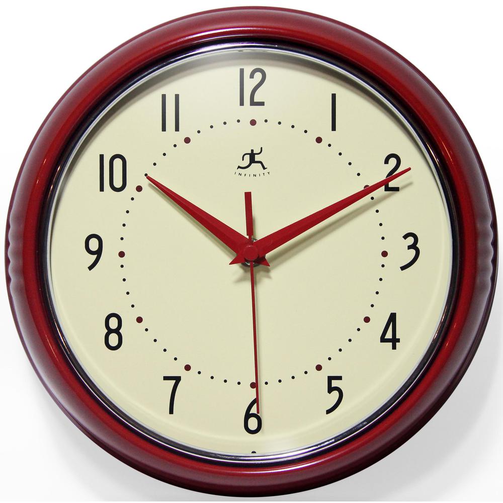 9.5 in Round Wall Clock, Red Finish Case, Glass Lens, Second Hand, Silent Movement. Picture 1