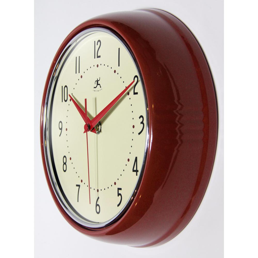 9.5 in Round Wall Clock, Red Finish Case, Glass Lens, Second Hand, Silent Movement. Picture 4