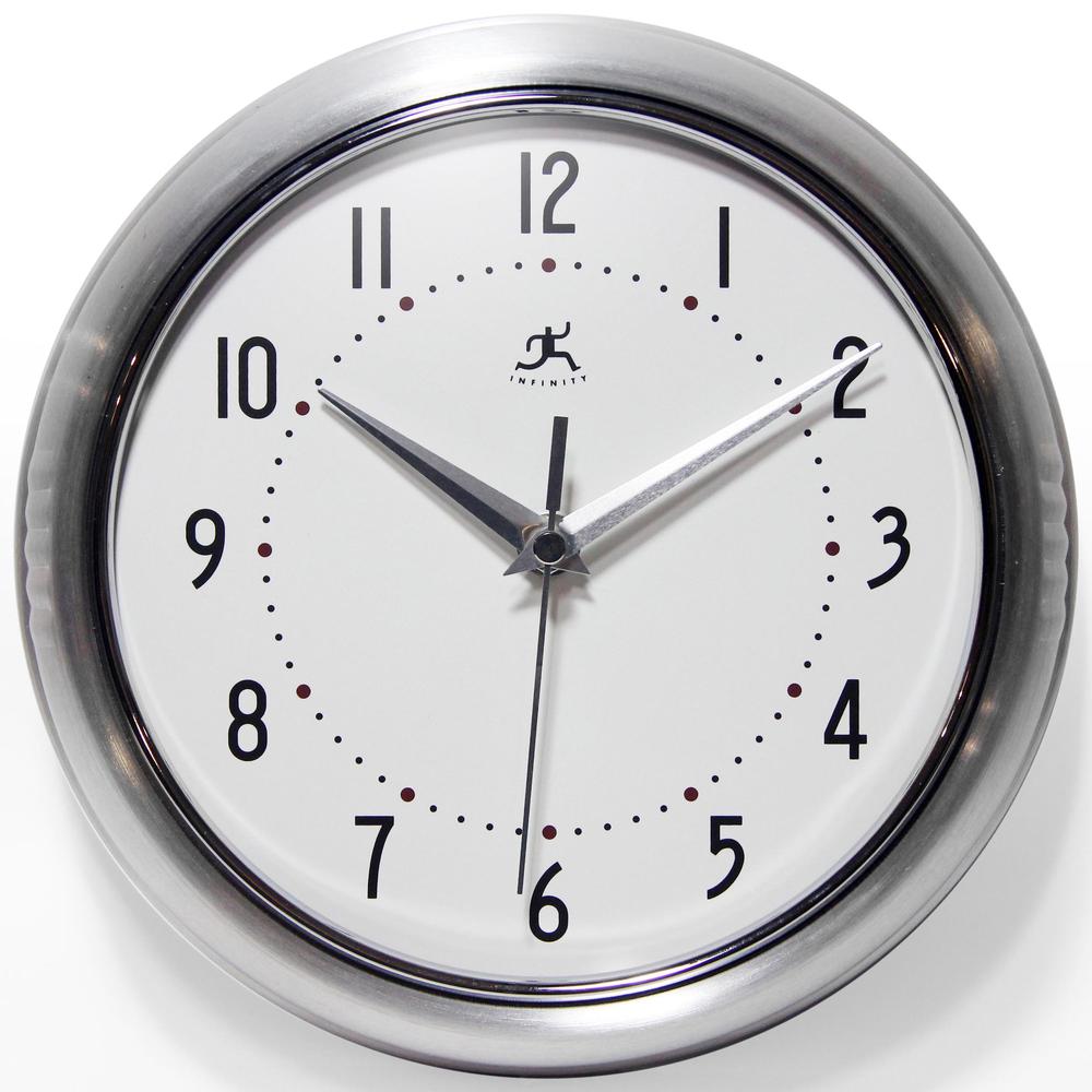 9.5 in Round Wall Clock, Silver Finish Case, Glass Lens, Second Hand, Silent Movement. Picture 1