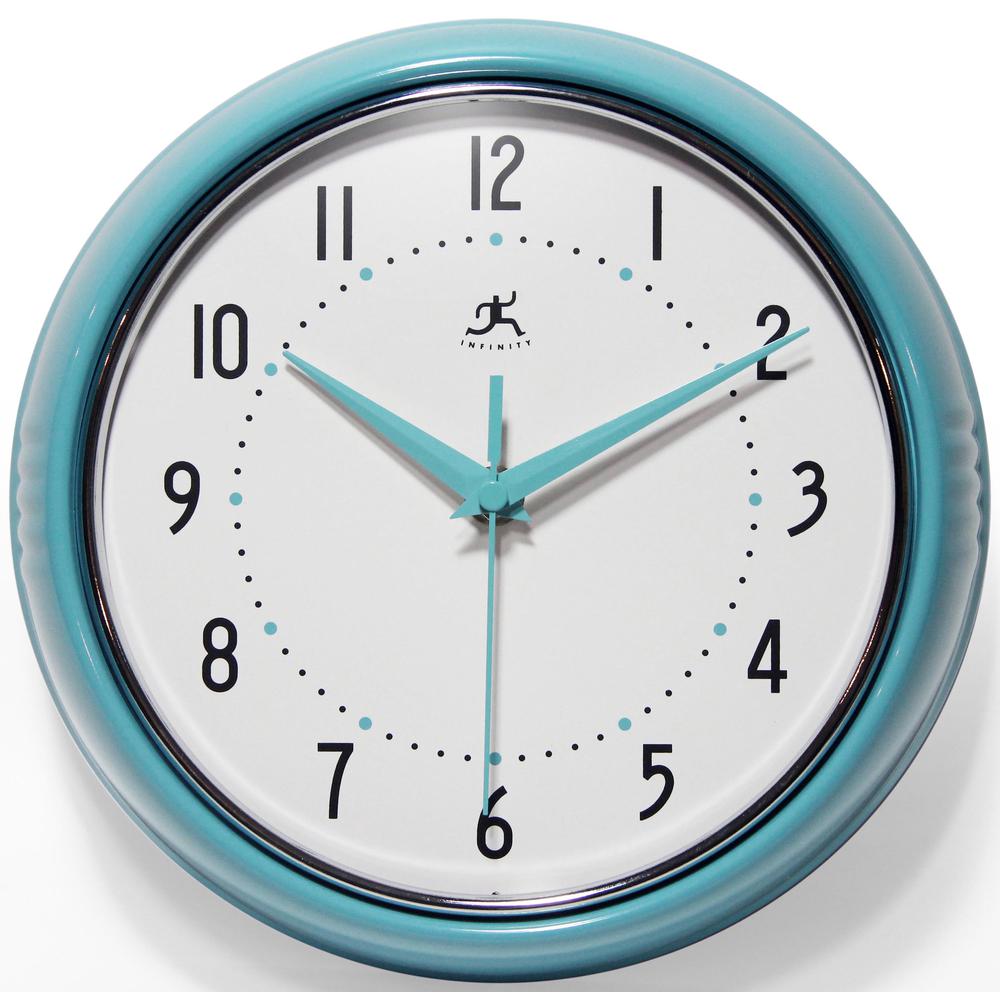 9.5 in Round Wall Clock, Turquoise Finish Case, Glass Lens, Second Hand, Silent Movement. Picture 1