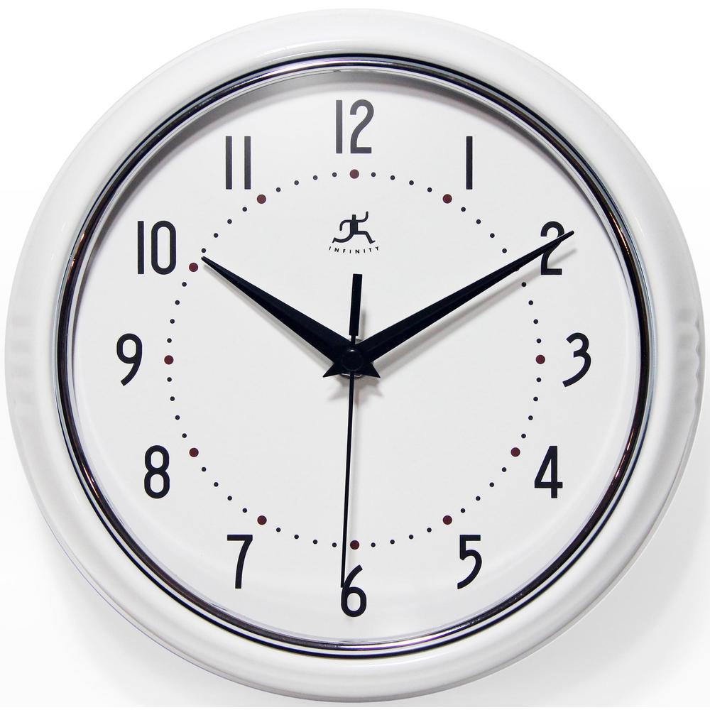 9.5 in Round Wall Clock, White Finish Case, Glass Lens, Second Hand, Silent Movement. Picture 1