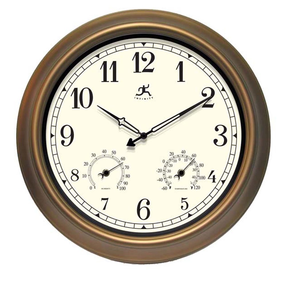 18 in Round Wall Clock, Gold Finish Case, Glass Lens, Built-in Hygrometer, Built-in Thermometer, Water Resistant. Picture 1