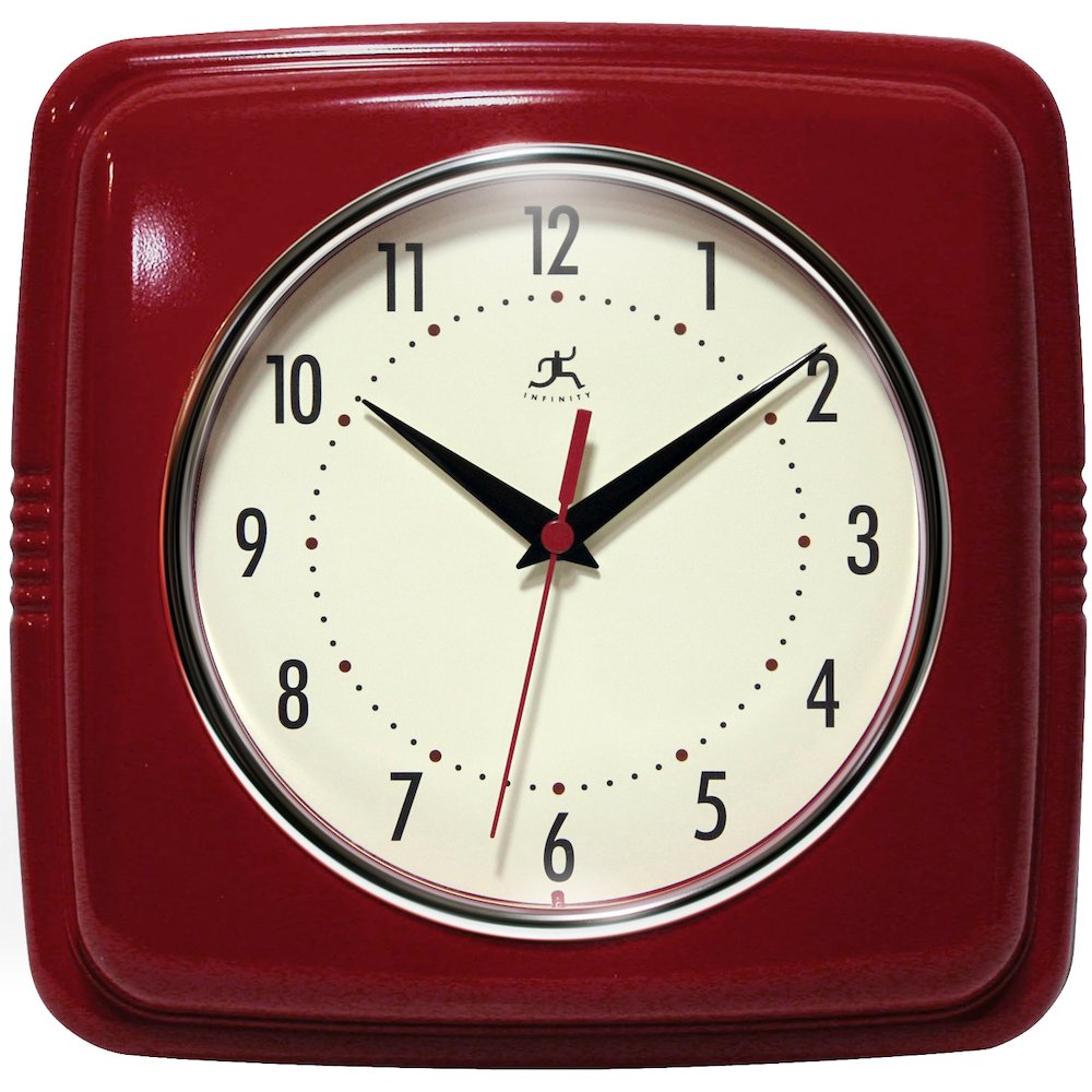 9.25 in Square Wall Clock, Red Finish Case, Glass Lens, Second Hand, Silent Movement. Picture 2