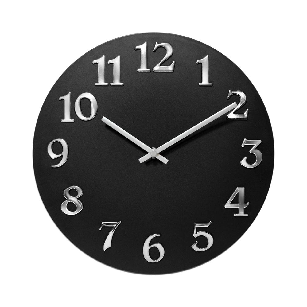 12 in Round Wall Clock, Black Finish Case, Open Face, Silent Movement. The main picture.