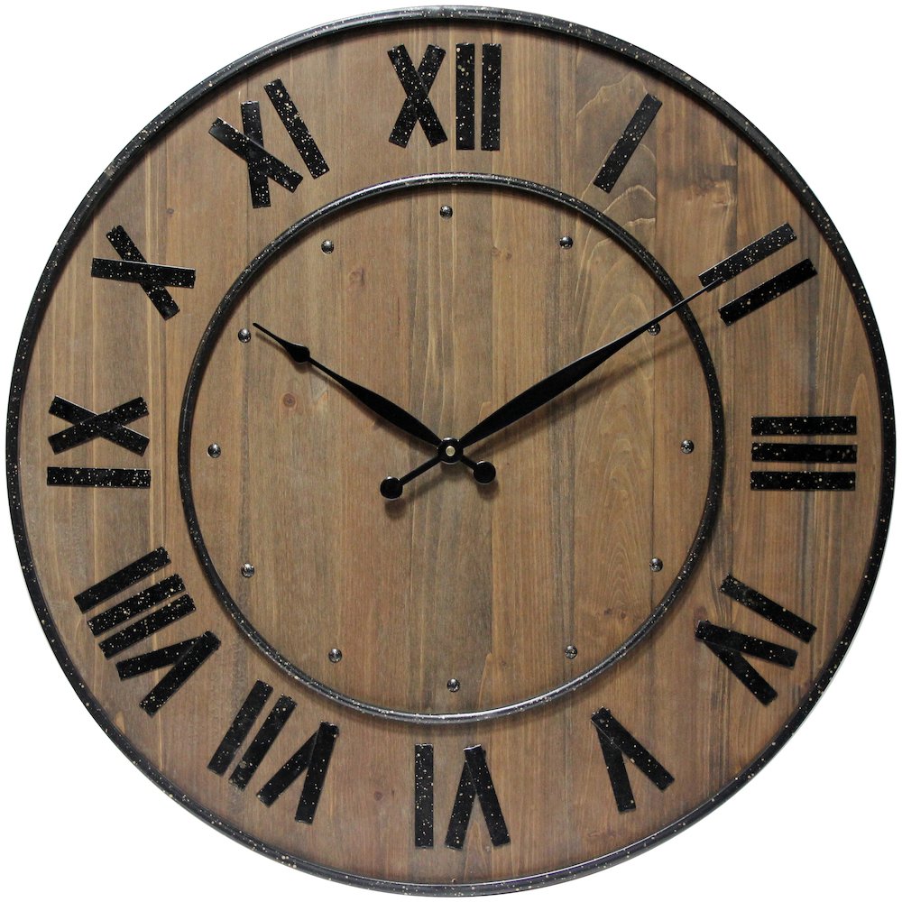 23 in Round Wall Clock, Brown Finish Case, Open Face. Picture 1