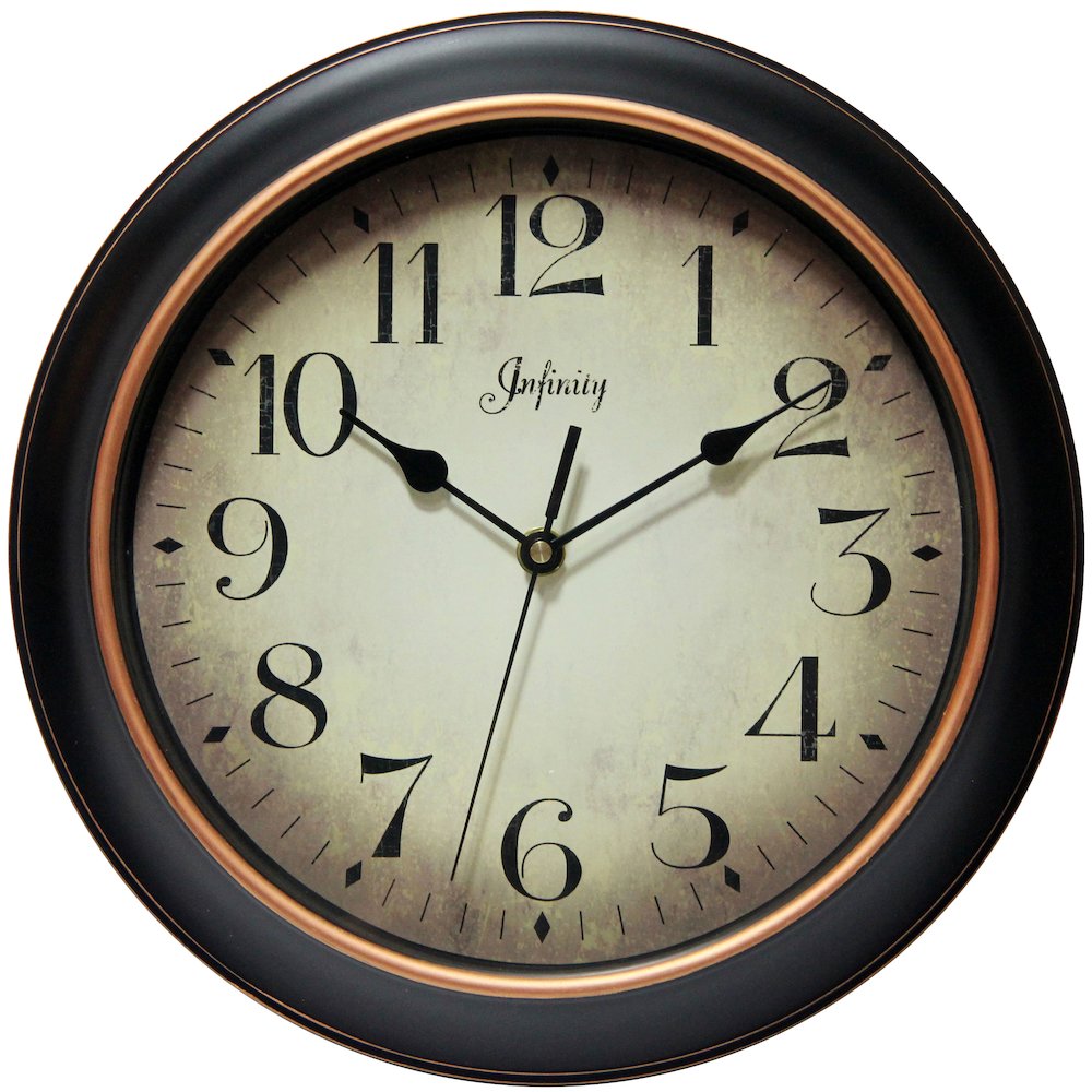 12 in Round Wall Clock, Black Finish Case, Glass Lens, Second Hand, Silent Movement. Picture 1