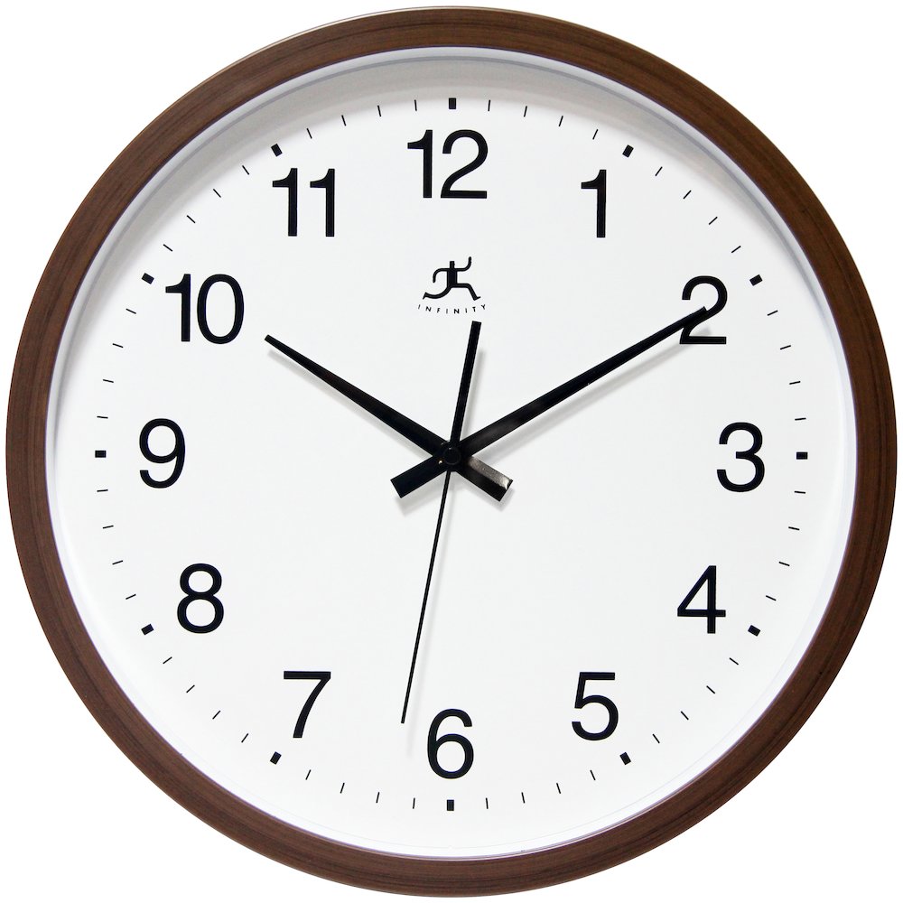 14 in Round Wall Clock, Walnut Finish Case, Glass Lens, Second Hand, Silent Movement. Picture 1