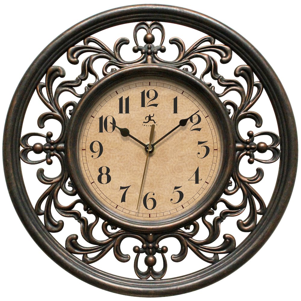 12 in Round Wall Clock, Brown Finish Case, Glass Lens, Second Hand, Silent Movement. Picture 1