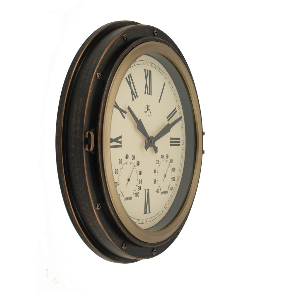 16 in Round Wall Clock, Bronze Finish Case, Glass Lens, Built-in Hygrometer, Built-in Thermometer, Water Resistant. Picture 1