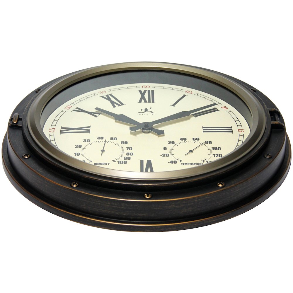 16 in Round Wall Clock, Bronze Finish Case, Glass Lens, Built-in Hygrometer, Built-in Thermometer, Water Resistant. Picture 3