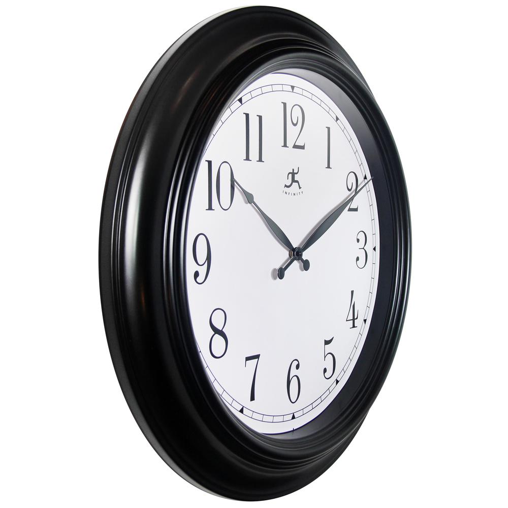 24 in Round Wall Clock, Black Finish Case, Glass Lens over White Hands and Black Aluminum Hands. Picture 3