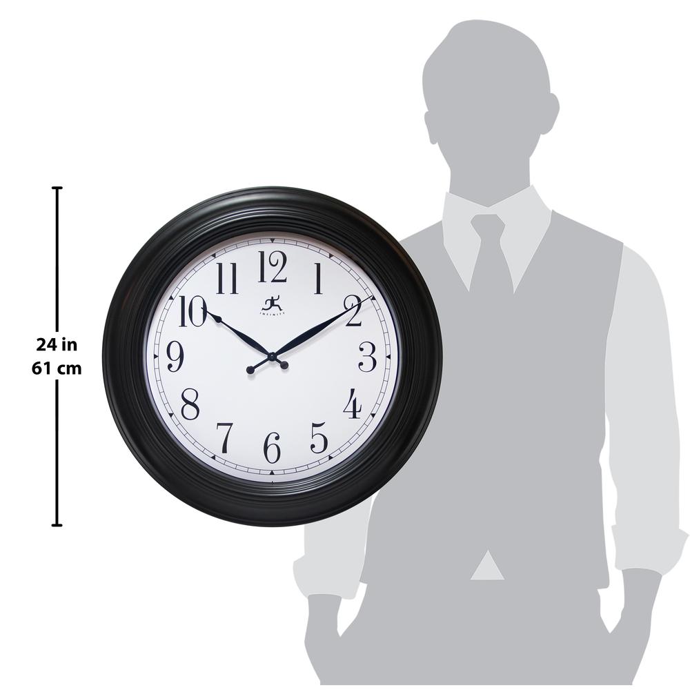 24 in Round Wall Clock, Black Finish Case, Glass Lens over White Hands and Black Aluminum Hands. Picture 5