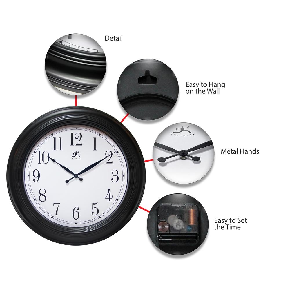 24 in Round Wall Clock, Black Finish Case, Glass Lens over White Hands and Black Aluminum Hands. Picture 6