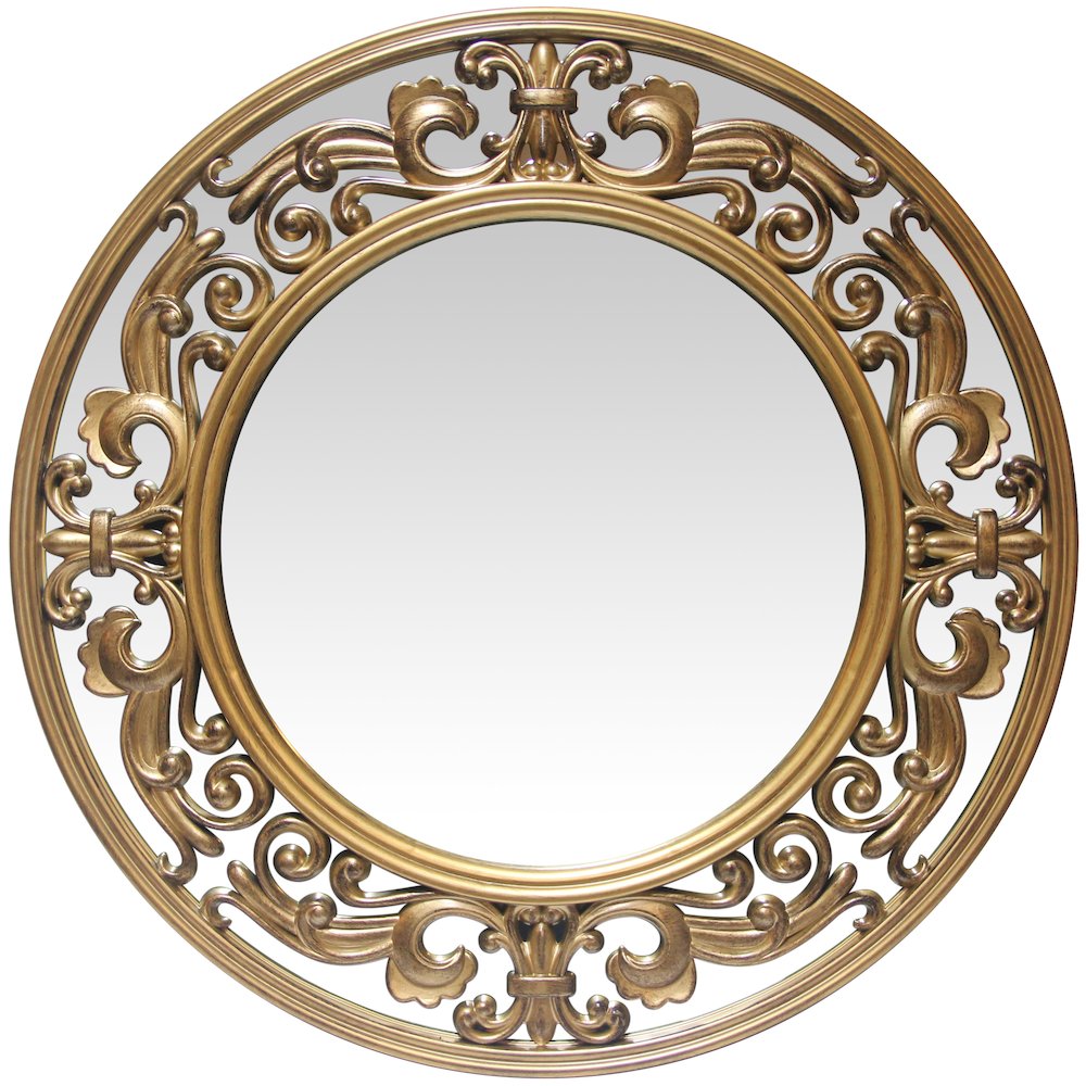 23.5 in Round Wall Mirror, Brushed Gold Finish Case over a 22.25 in Round Mirror. Picture 1