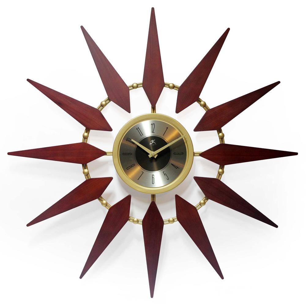 30 in Round Wall Clock, Walnut Finish Case,  Lens over Black & Gold Hands and Gold Aluminum Hands. Picture 1