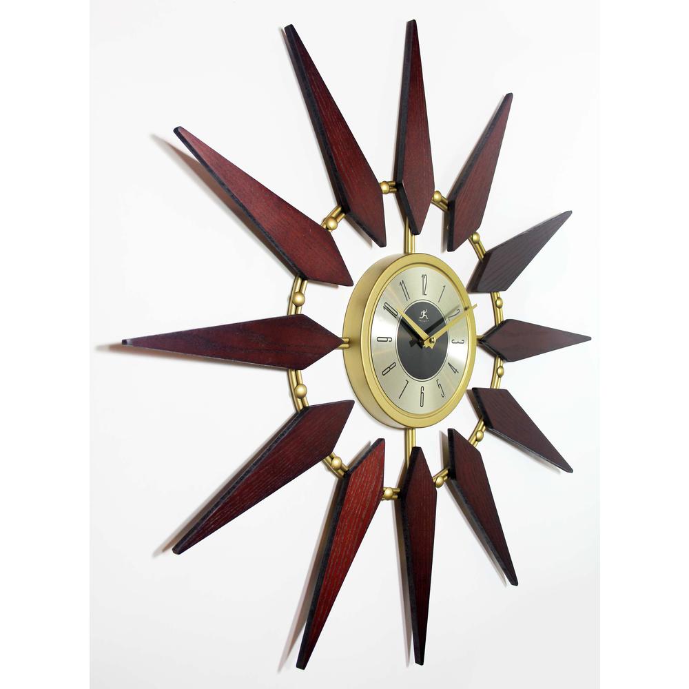 30 in Round Wall Clock, Walnut Finish Case,  Lens over Black & Gold Hands and Gold Aluminum Hands. Picture 3