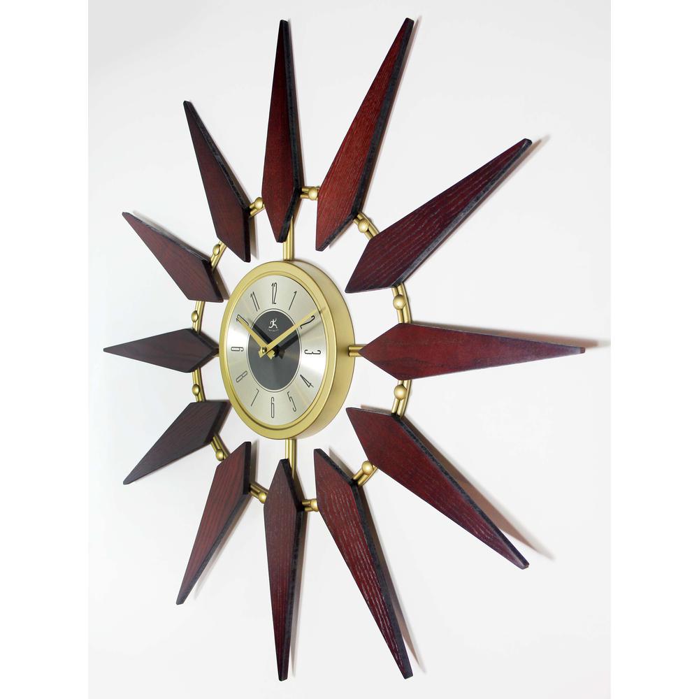 30 in Round Wall Clock, Walnut Finish Case,  Lens over Black & Gold Hands and Gold Aluminum Hands. Picture 4